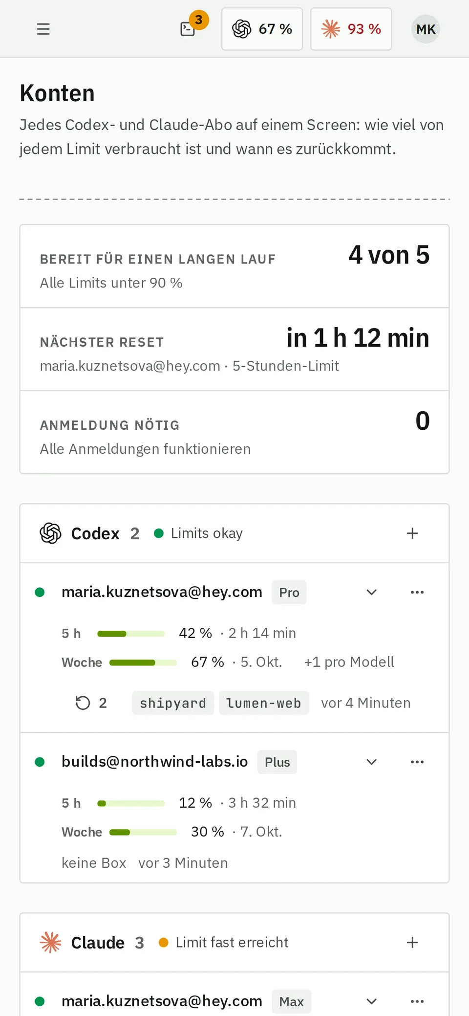 Konten am Handy: die Limits und Reset-Zeiten jedes Abos.