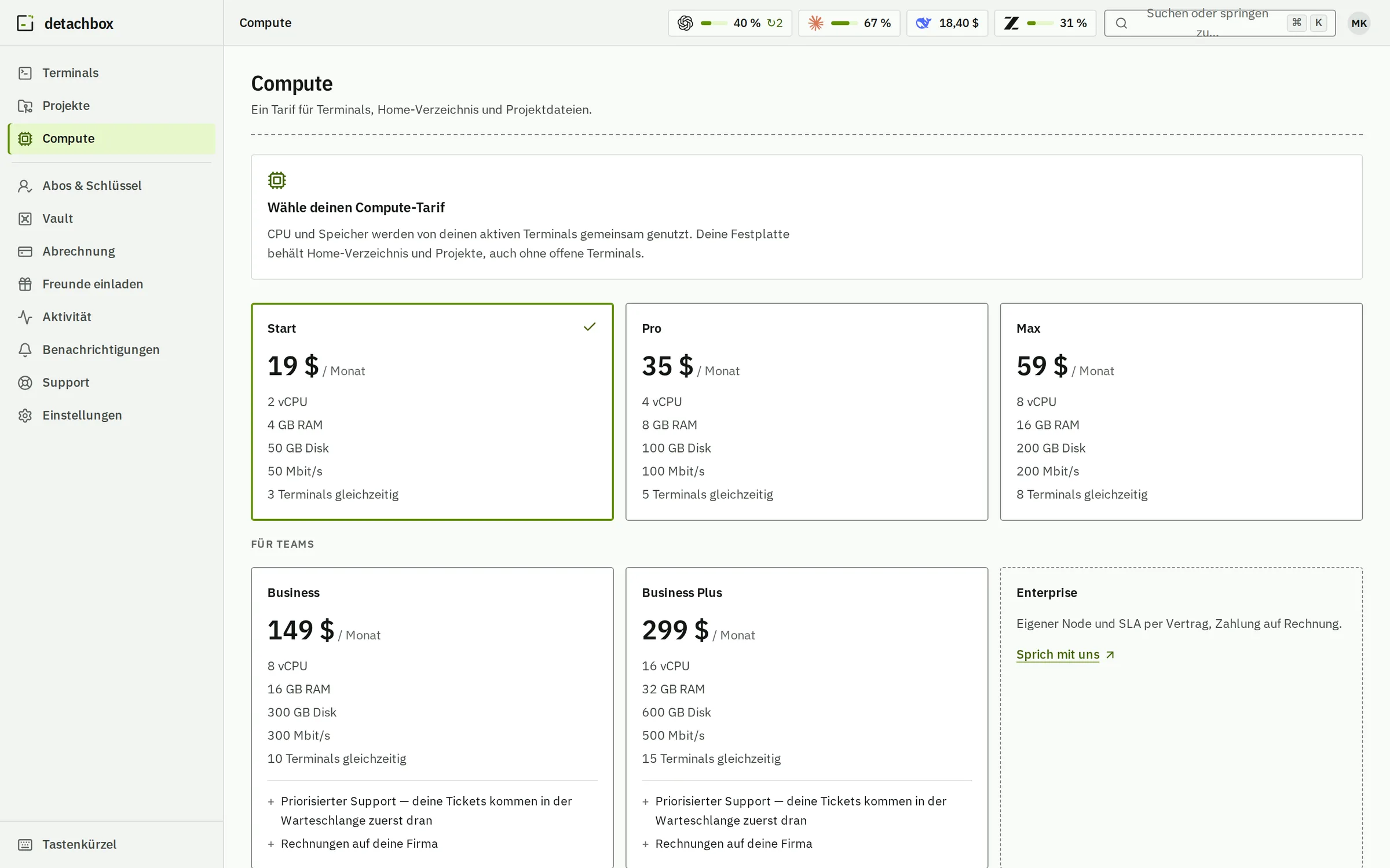 Wähl deinen Compute-Plan: Start, Pro und Max mit CPU, Arbeitsspeicher, Disk und gleichzeitigen Terminals, dann Business und Business Plus mit bevorzugtem Support und Firmenrechnungen, und Enterprise.