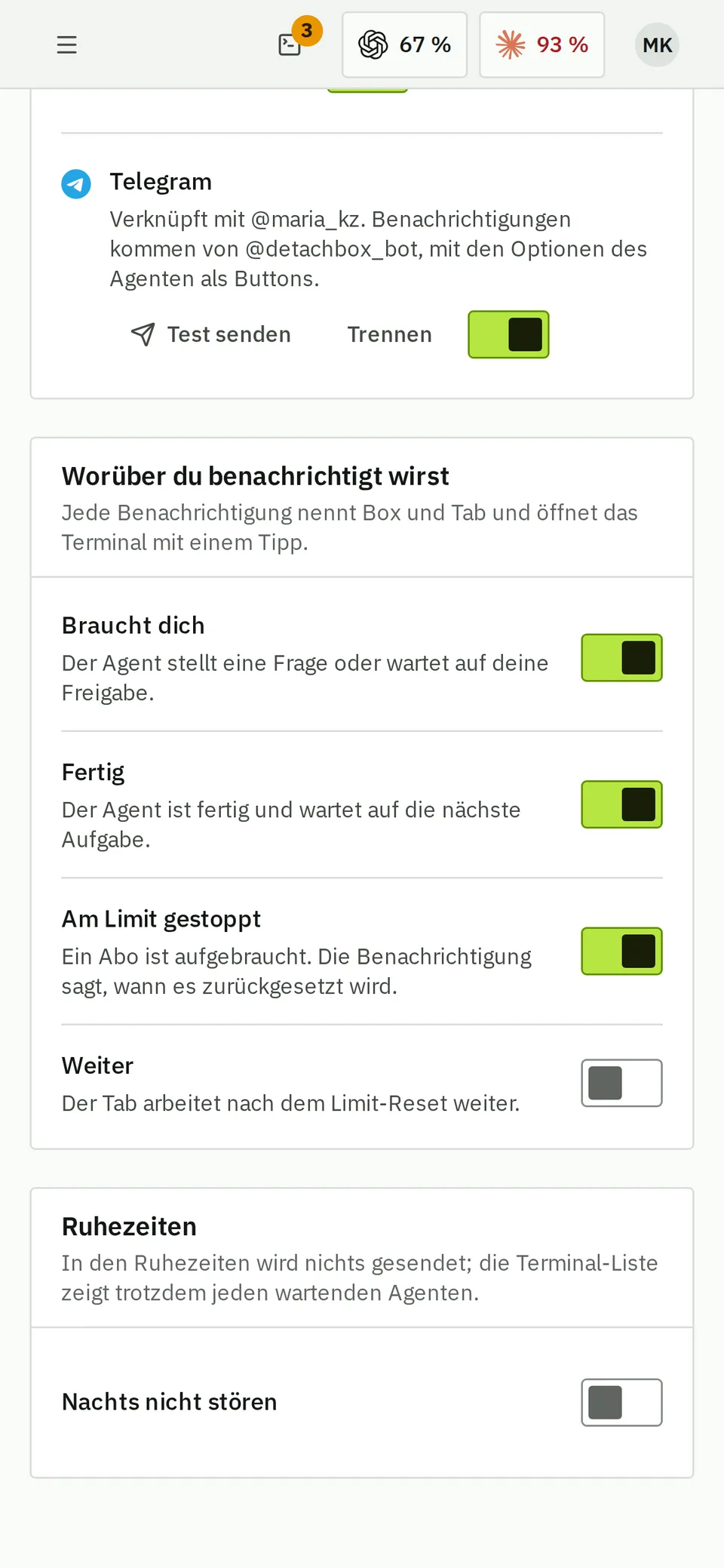 Benachrichtigungen am Handy: Pings per Browser-Push, Telegram und E-Mail, wenn ein Agent dich braucht, fertig ist oder am Limit stoppt.