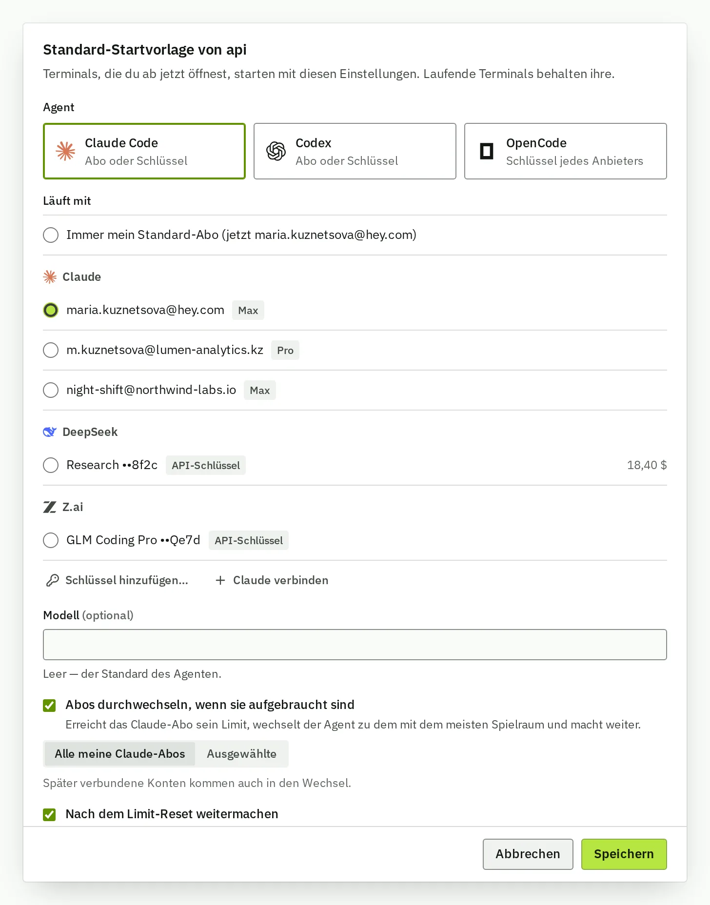 Eine Startvorlage in api: Claude Code auf einem von drei Claude-Konten und zwei API-Keys, ein optionales Modell und Rotation zum Abo mit dem meisten Spielraum, wenn Limits aufgebraucht sind.