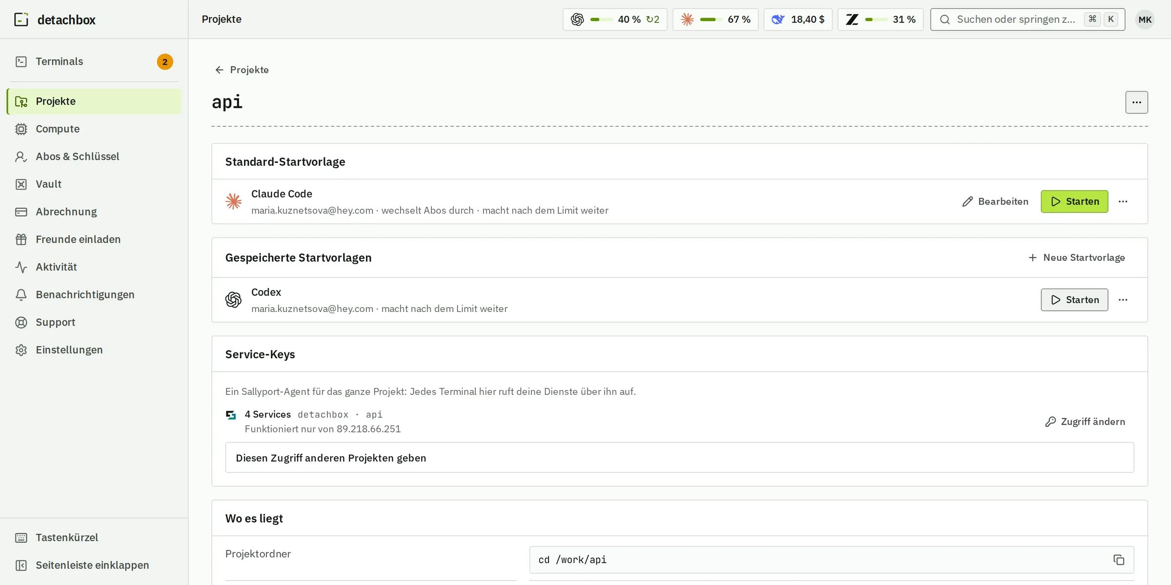 Das Projekt api: Claude Code mit Rotation als Standard-Startvorlage, einen Klick entfernt, und Codex review auf eigenem Konto unter den gespeicherten Startvorlagen.