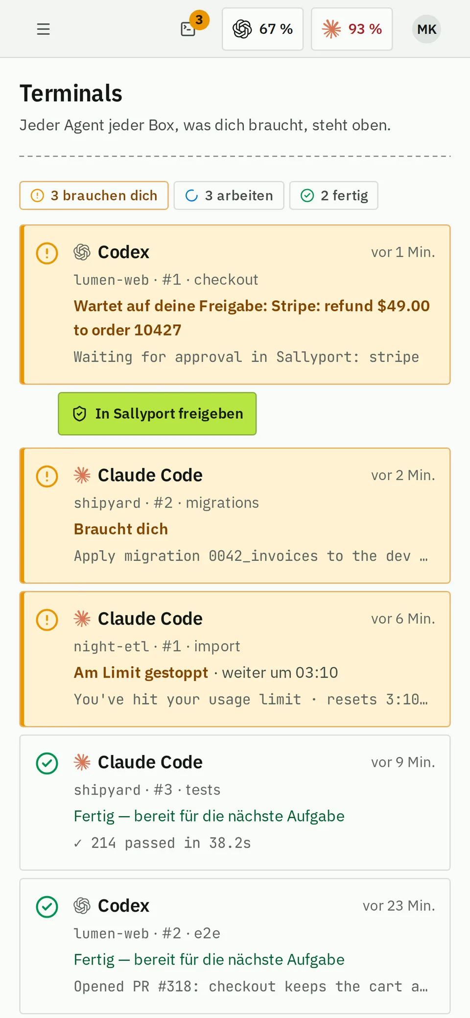 Terminals am Handy: zuerst der Agent, der dich braucht, dann die gestoppten, fertigen und arbeitenden.