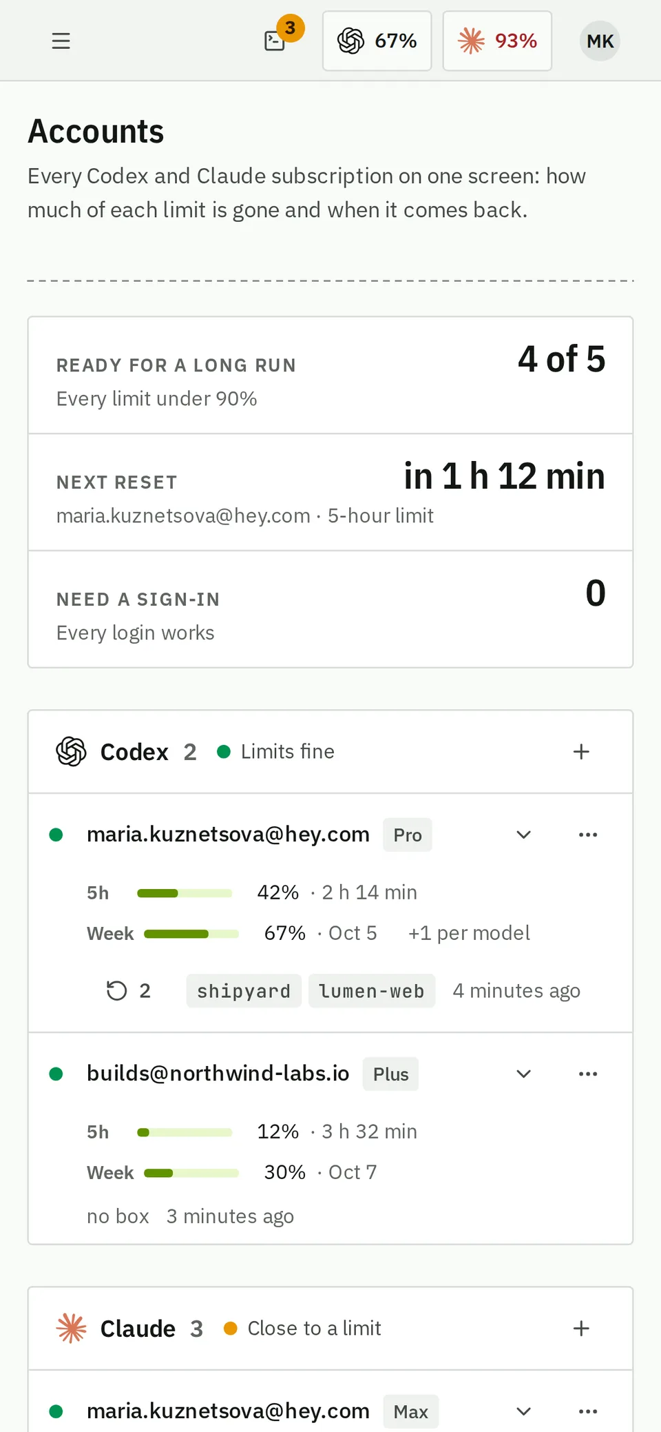 Accounts on a phone: every subscription's limits and reset times.