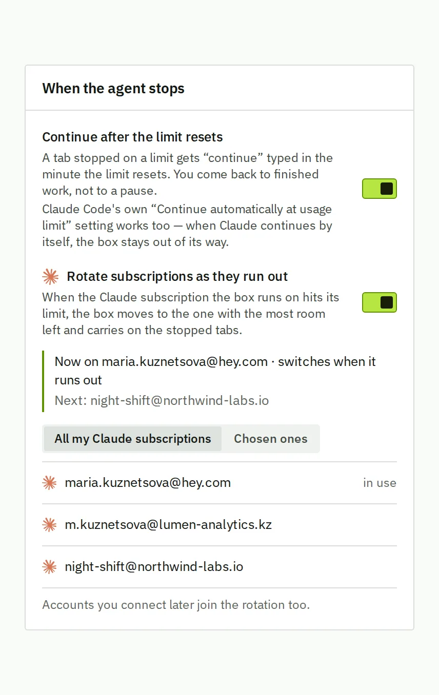 When the agent stops: continue after the limit resets and rotate subscriptions as they run out, both on, with the account the box moves to next.