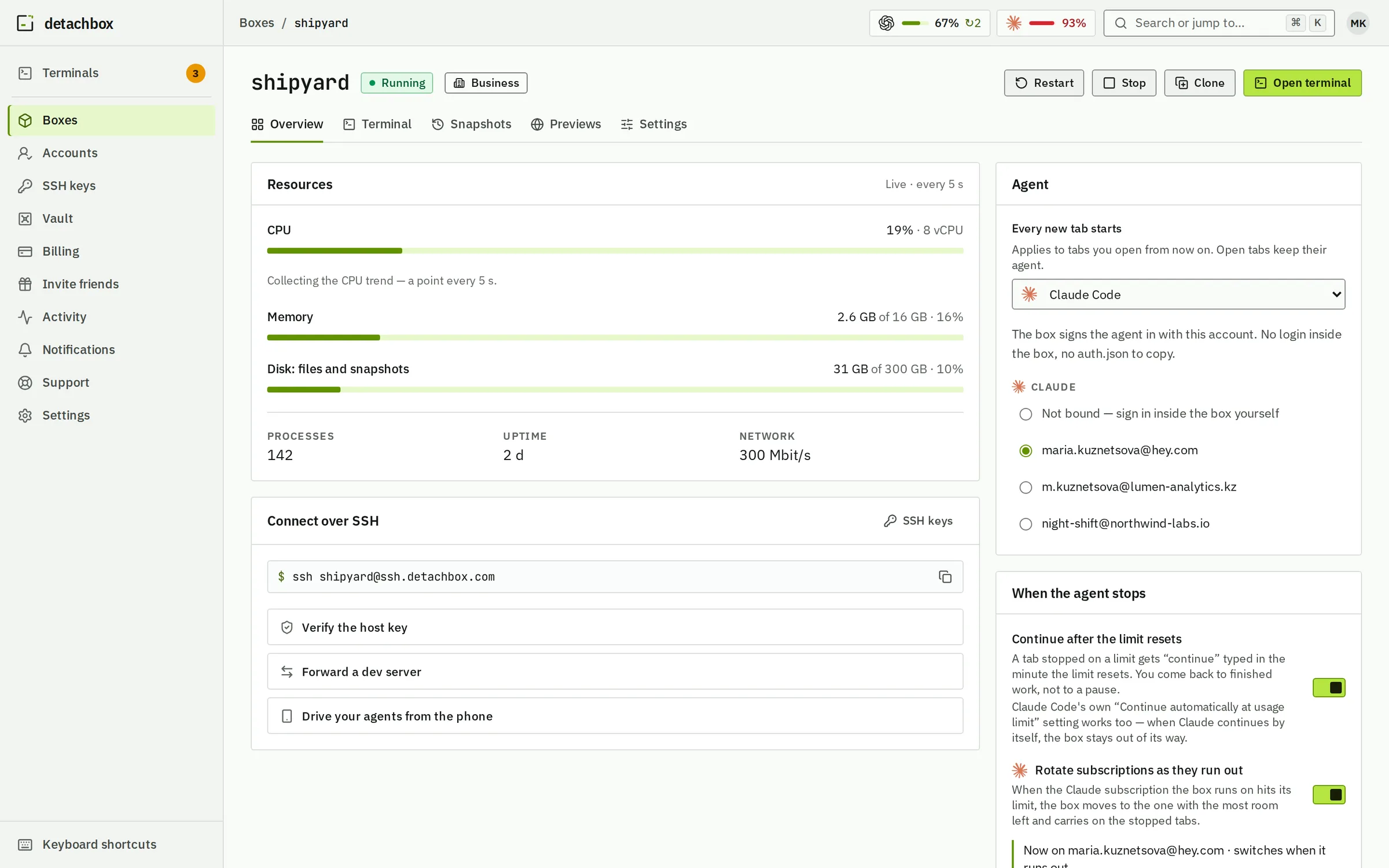 The box page of shipyard: live CPU, memory and disk, the SSH command, the agent and the Claude account it signs in with, and the switches for what happens when the agent stops.