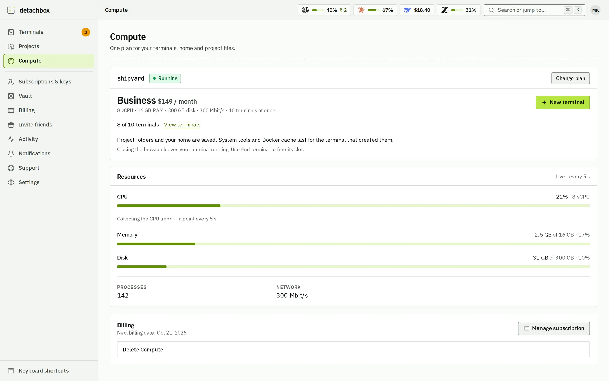 The Compute page: shipyard on Business at $149 a month with 8 terminals running, live CPU, memory and disk use, and the next billing date.