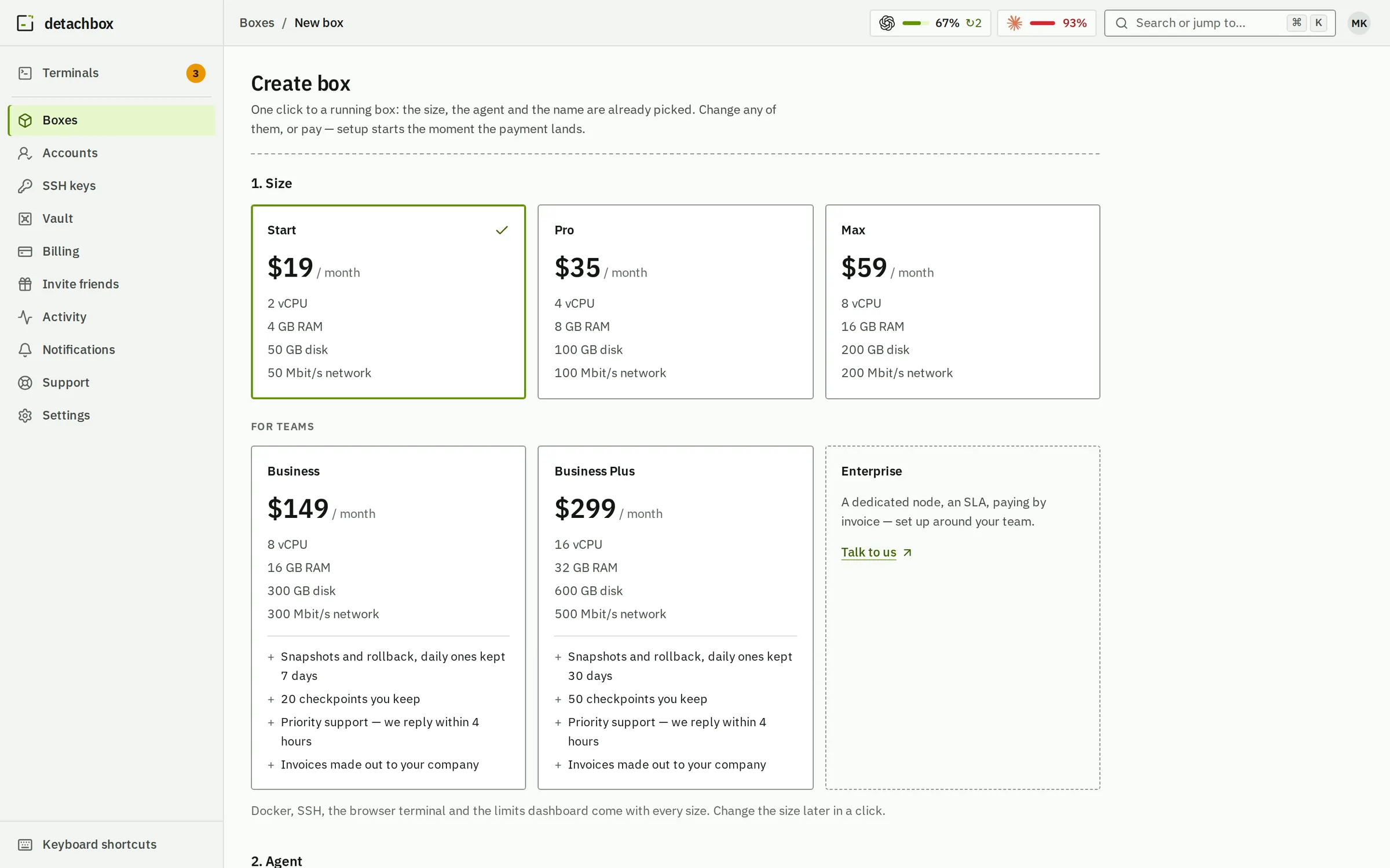 Create box: Start, Pro and Max with their price, CPU, memory, disk and network, then Business and Business Plus with snapshots, and Enterprise.