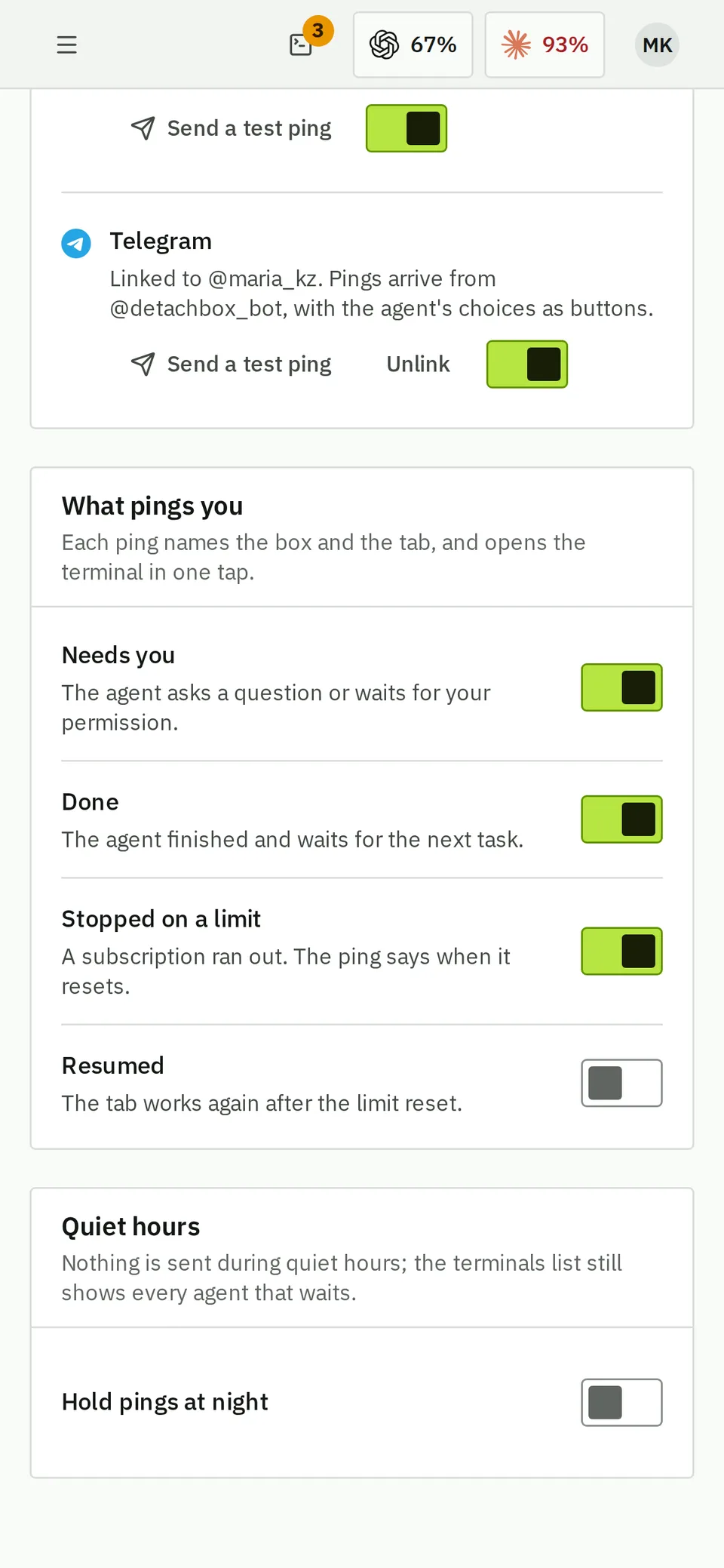 Notifications on a phone: pings by browser push, Telegram and email when an agent needs you, finishes or stops on a limit.