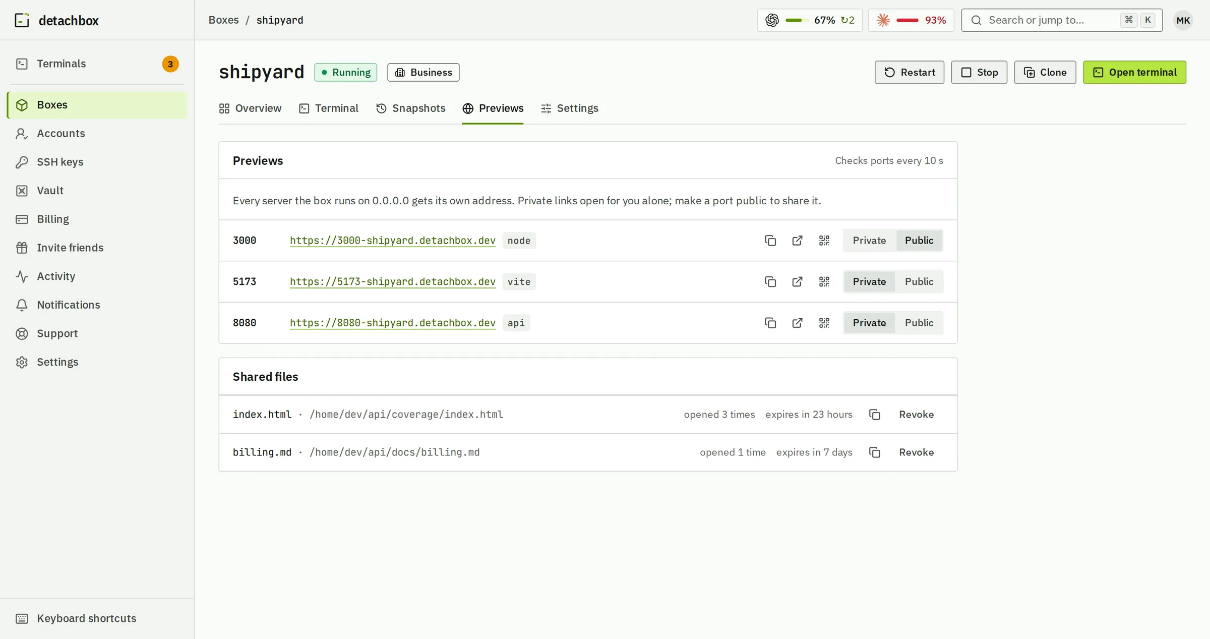 Previews of shipyard: ports 3000, 5173 and 8080 open at their own HTTPS address on detachbox.dev, port 3000 shared publicly, the others private to the owner.
