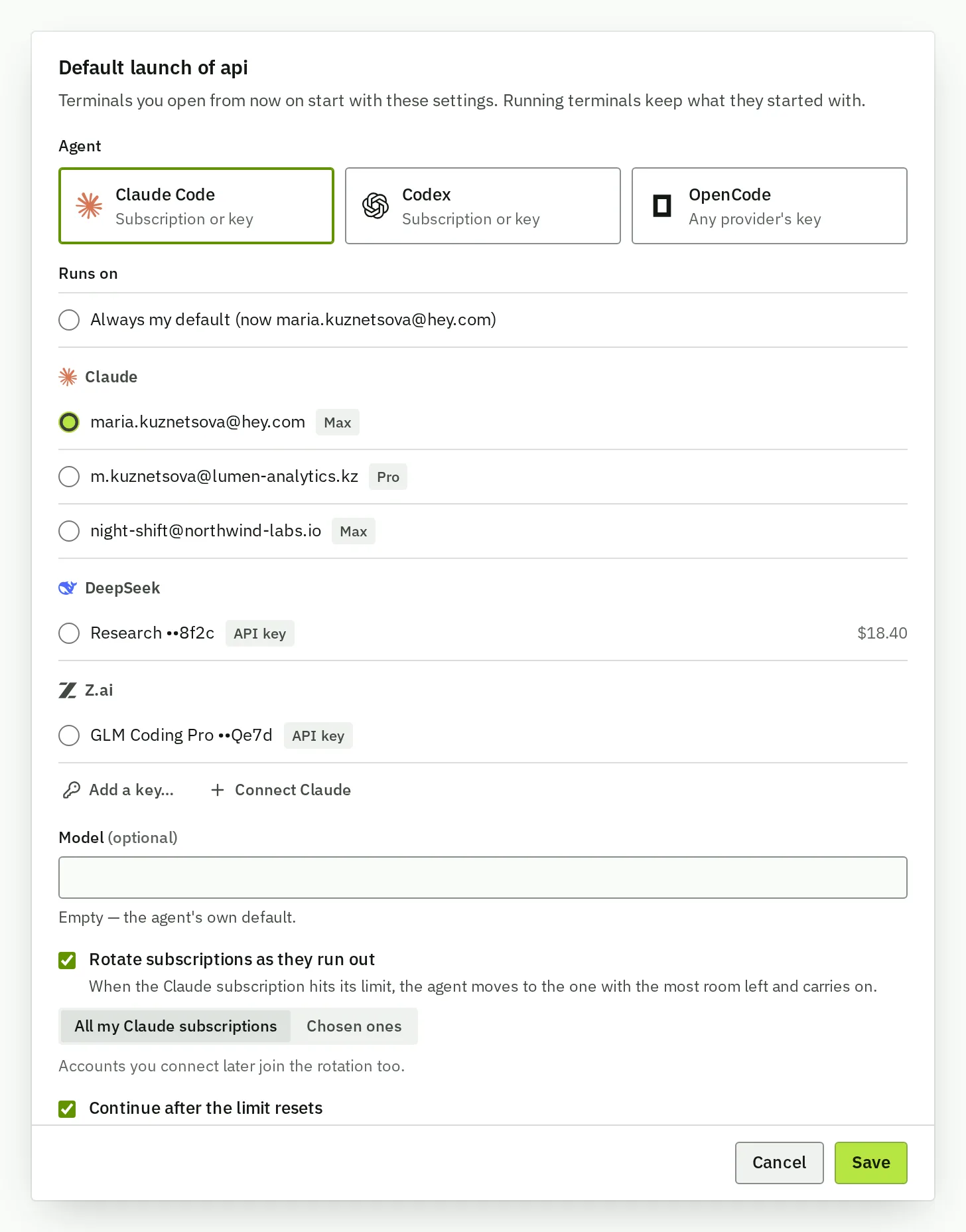 A launch on api: Claude Code running on one of three Claude accounts and two API keys, an optional model, and rotation to the subscription with the most room as limits run out.