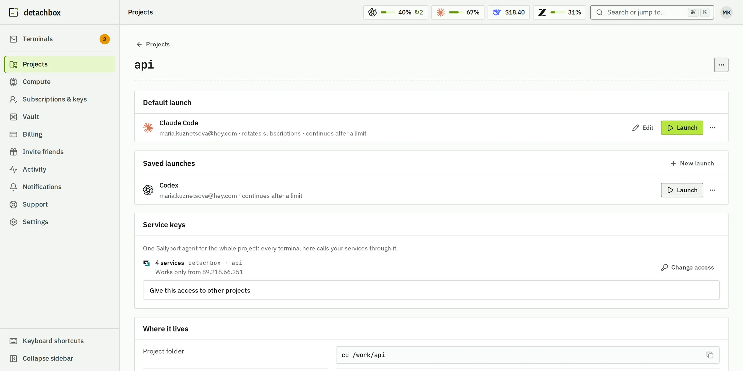 The project api: Claude Code with rotation as its default launch, one click away, and Codex review on its own account among the saved launches.