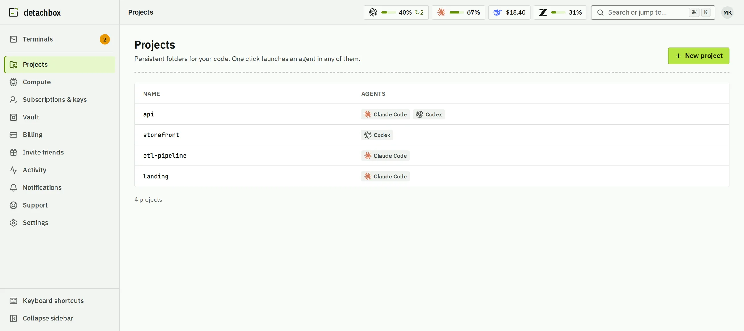 Projects on shipyard: api, storefront, etl-pipeline and landing, each with the agents that run on it.