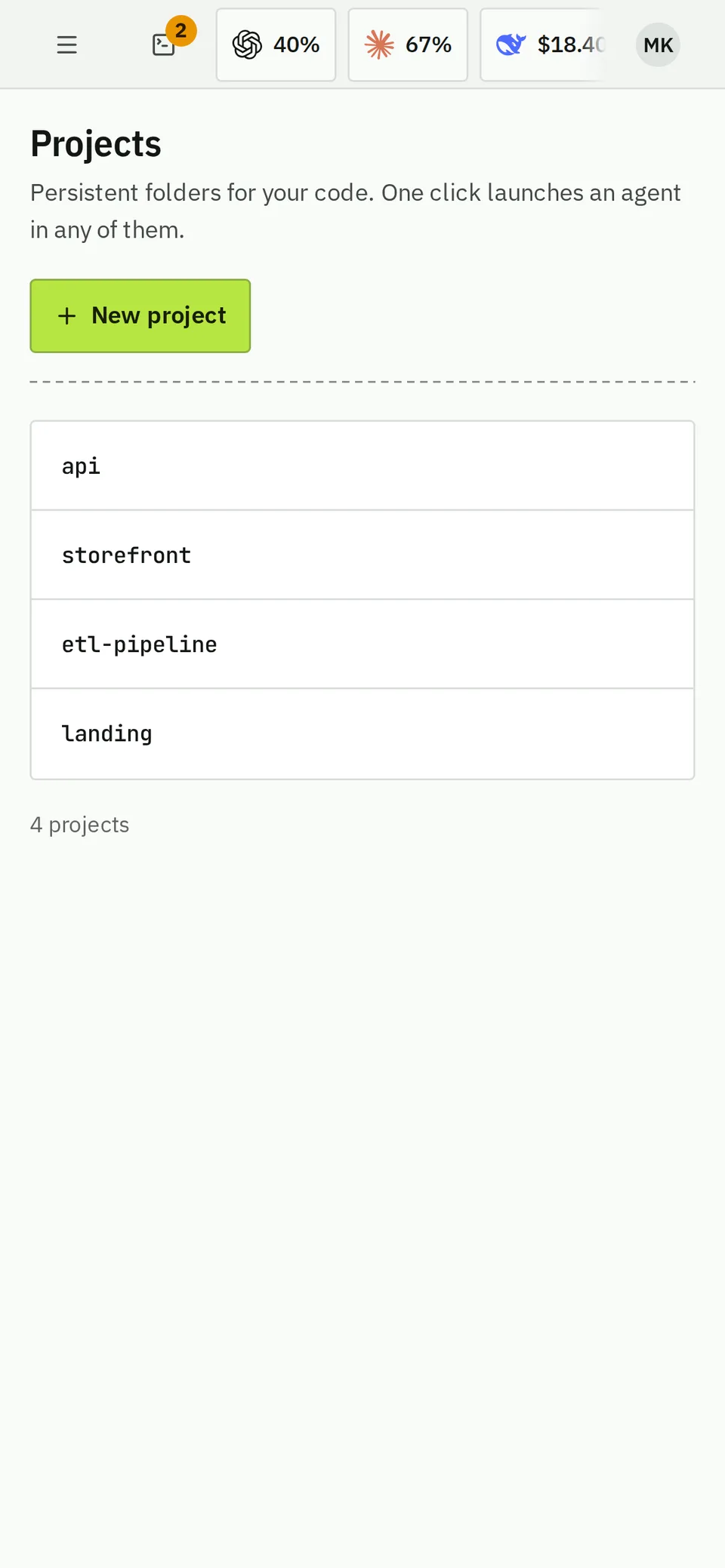 Projects on a phone: every project with its agents.