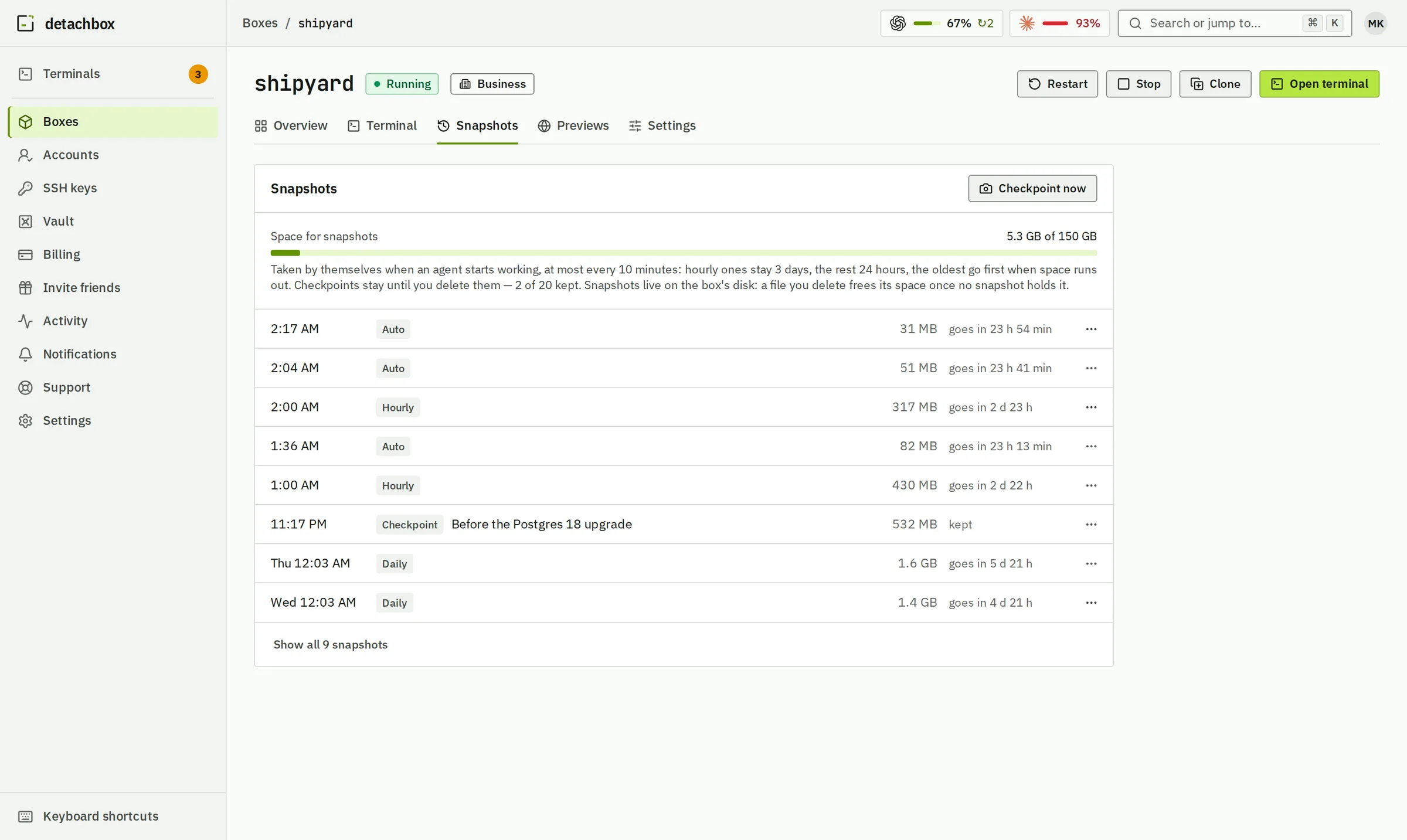 Snapshots of shipyard: automatic ones taken as the agent works, hourly ones, and a checkpoint named Before the Postgres 18 upgrade, each with Roll back and Get files back.