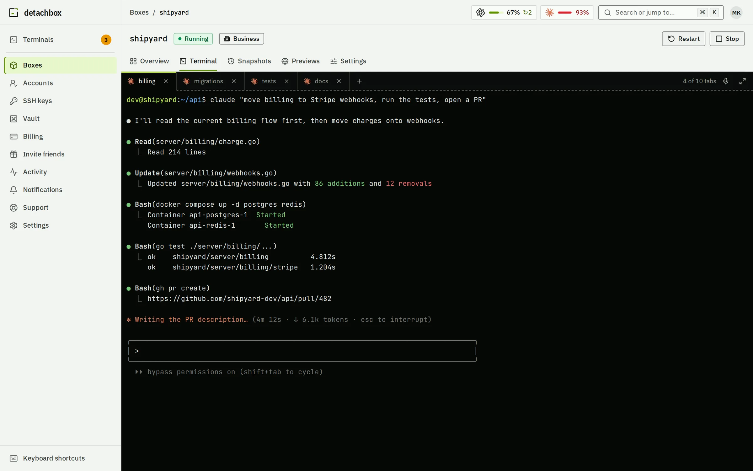 The detachbox dashboard at 02:23: the box shipyard on its Terminal tab, Claude Code moving billing to Stripe webhooks with the tests passed and a pull request opened, four agent tabs along the top.