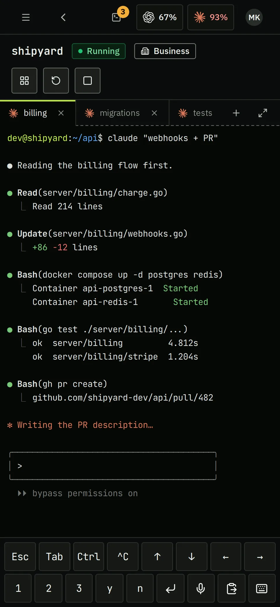 The same terminal on a phone: Claude Code's run on shipyard with the key bar for Esc, Tab, arrows and quick answers.