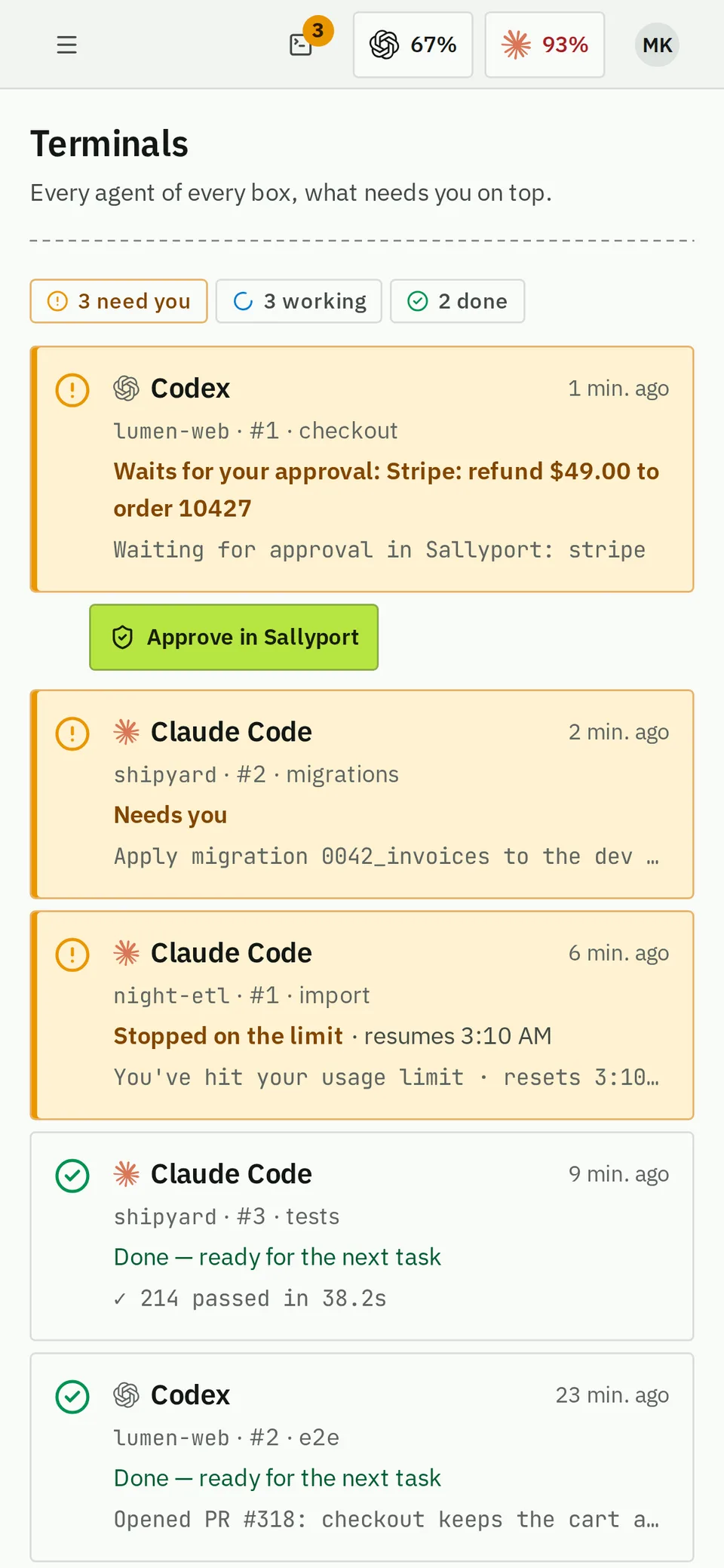 Terminals on a phone: the agent that needs you first, then the stopped, done and working ones.
