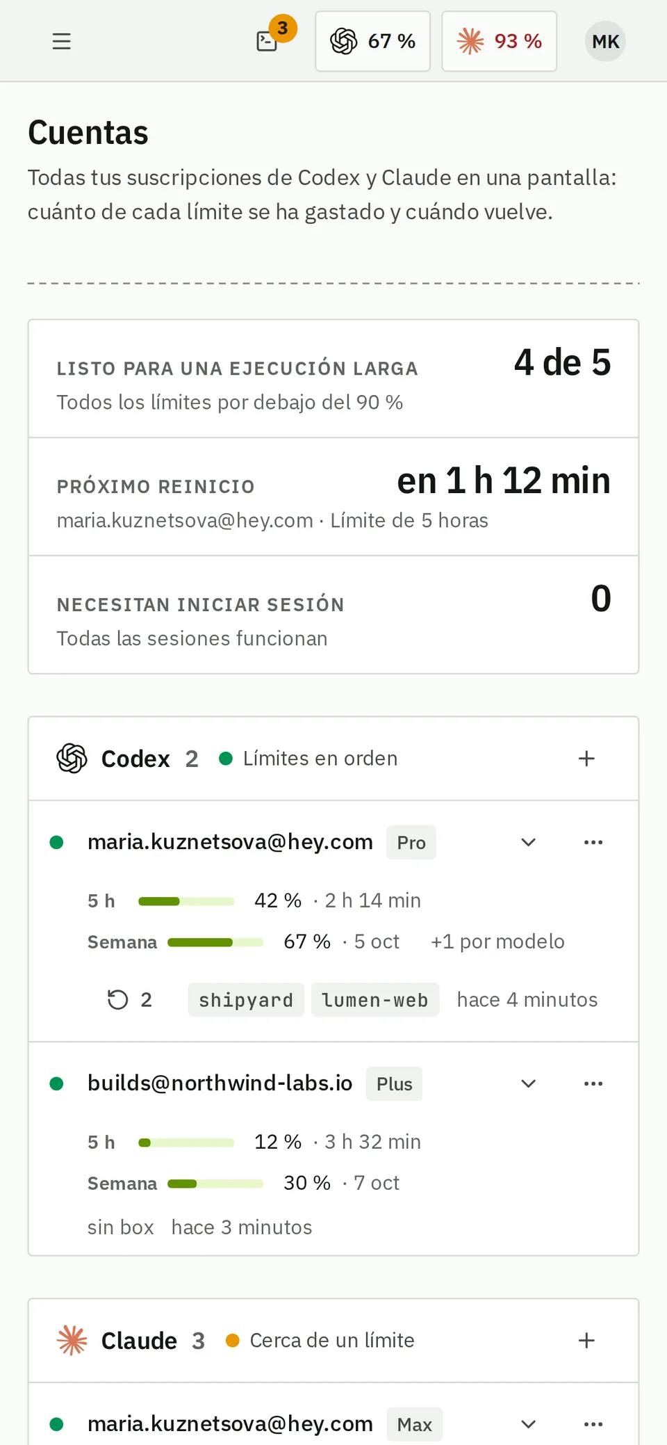 Cuentas en un teléfono: los límites y las horas de reinicio de cada suscripción.