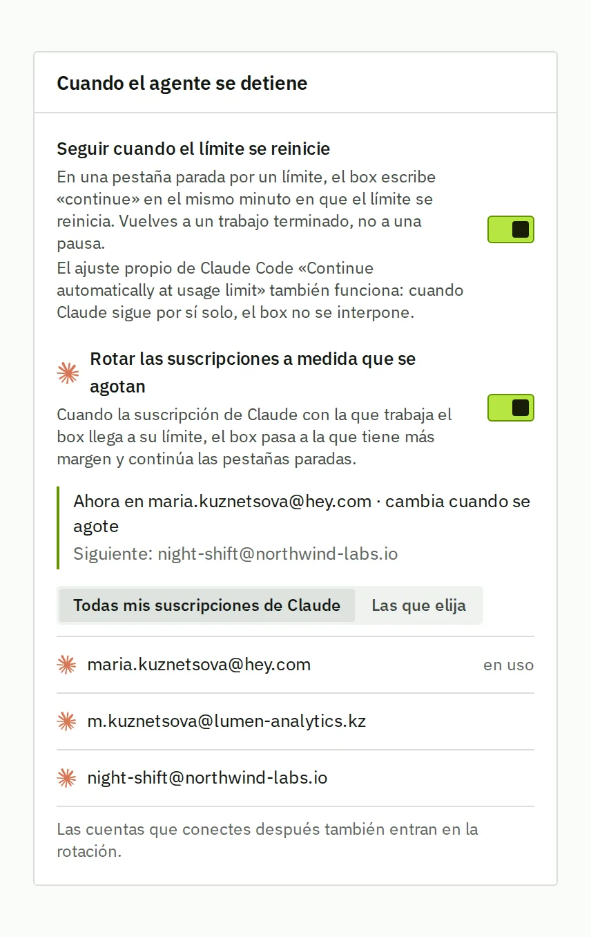 Cuando el agente se detiene: seguir cuando el límite se reinicie y rotar las suscripciones a medida que se agotan, ambos activados, con la cuenta a la que pasa el box después.