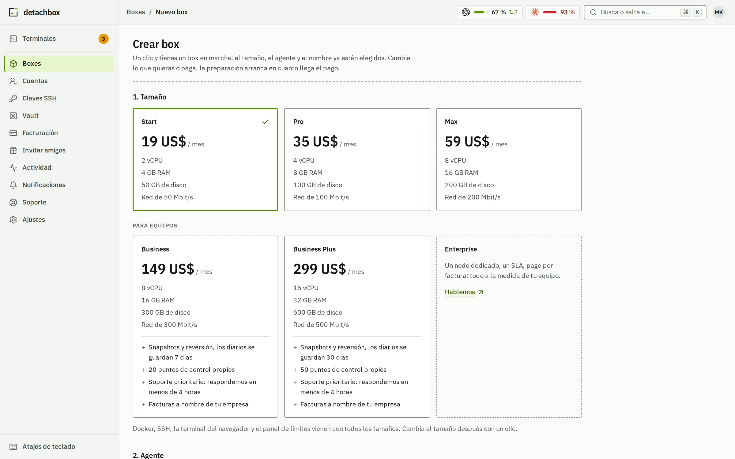 Crear box: Start, Pro y Max con su precio, CPU, memoria, disco y red; después Business y Business Plus con snapshots, y Enterprise.
