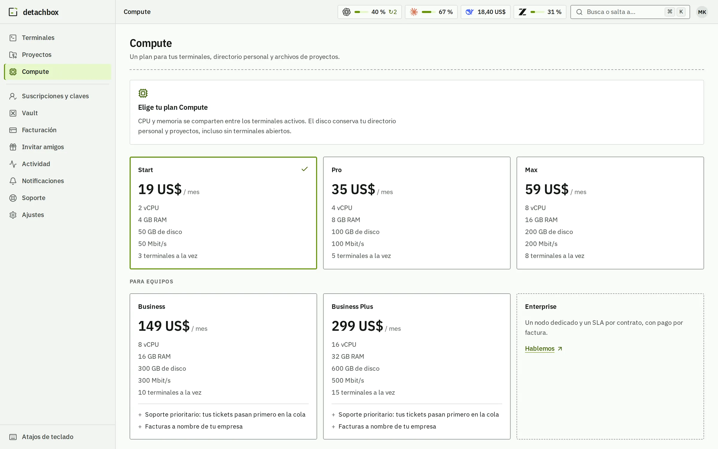 Elige tu plan de Compute: Start, Pro y Max con su CPU, memoria, disco y terminales a la vez, después Business y Business Plus con soporte prioritario y facturas a empresa, y Enterprise.