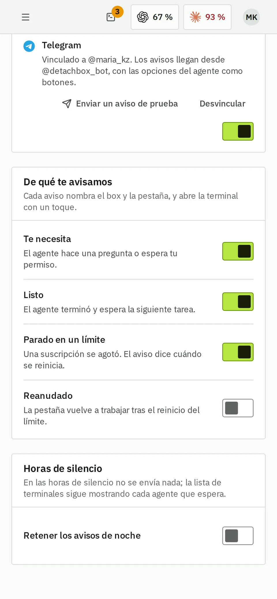 Notificaciones en un teléfono: avisos por push del navegador, Telegram y correo cuando un agente te necesita, termina o se detiene por un límite.