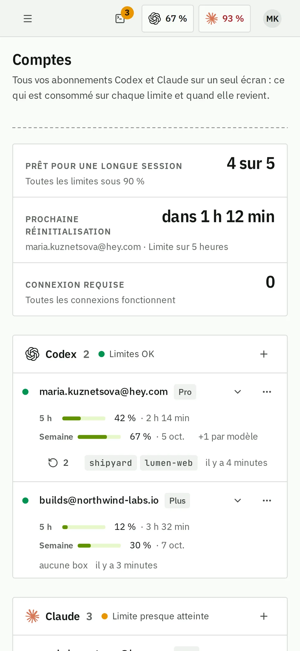 Comptes sur un téléphone : les limites et les heures de recharge de chaque abonnement.