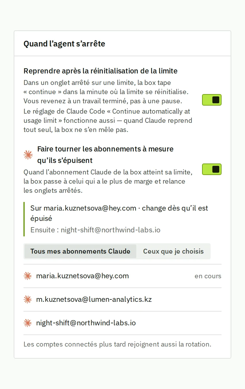 Quand l’agent s’arrête : reprendre après la réinitialisation de la limite et faire tourner les abonnements à mesure qu’ils s’épuisent, les deux activés, avec le compte vers lequel la box passera ensuite.