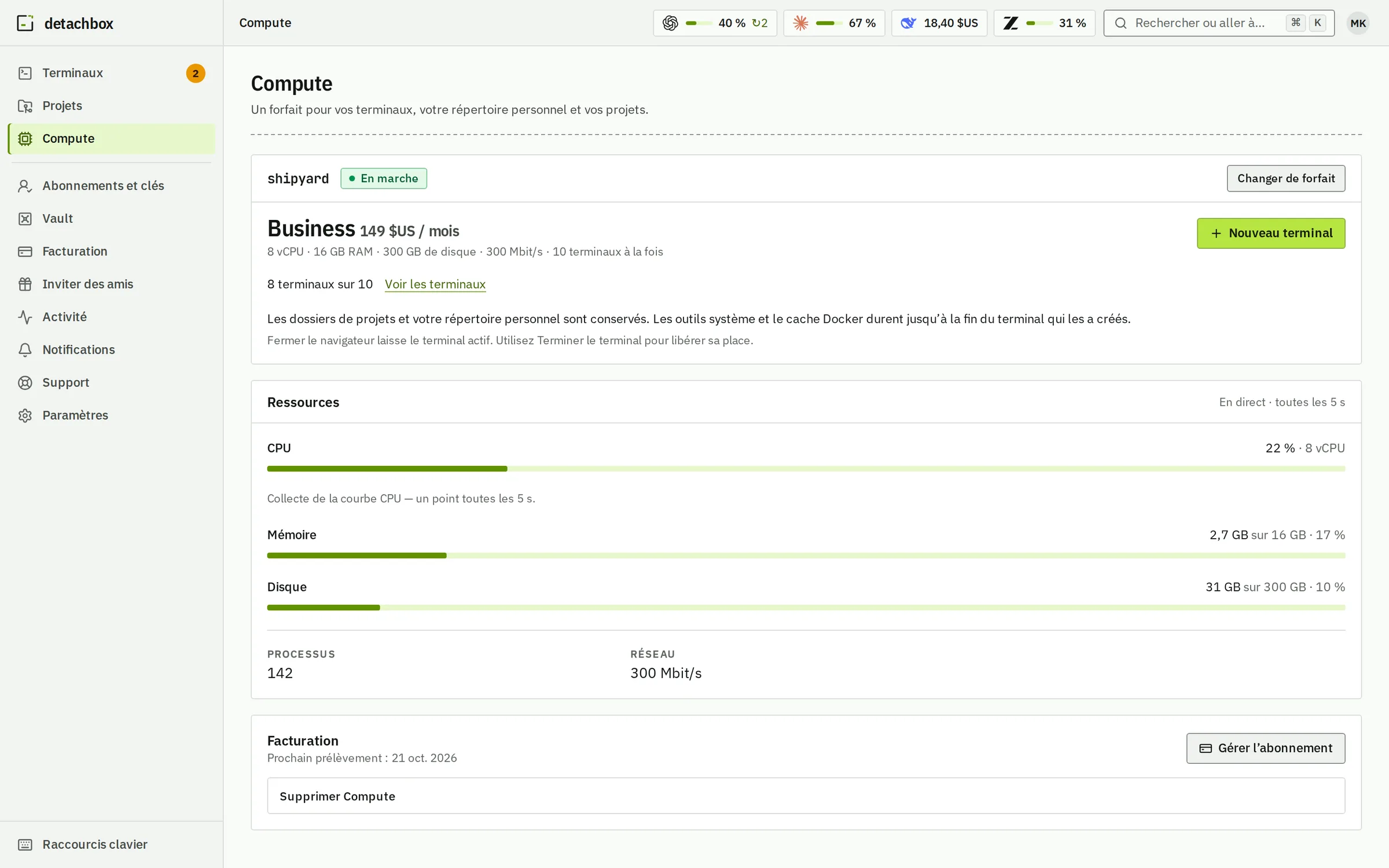 La page Compute : shipyard sur Business à $149 par mois avec 8 terminaux en marche, l’utilisation du CPU, de la mémoire et du disque en direct, et la prochaine date de facturation.