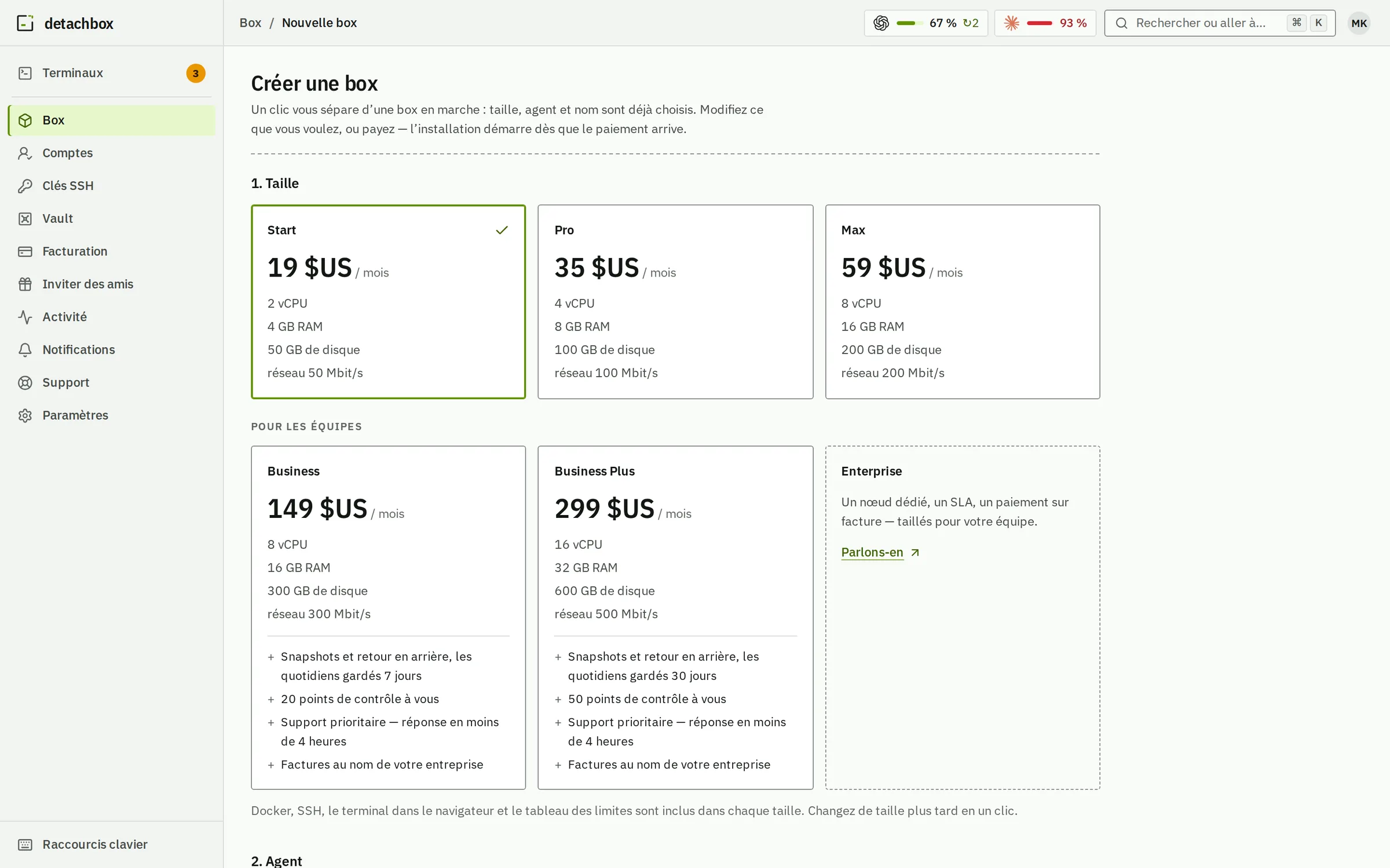 Créer une box : Start, Pro et Max avec leur prix, CPU, mémoire, disque et réseau, puis Business et Business Plus avec snapshots, et Enterprise.
