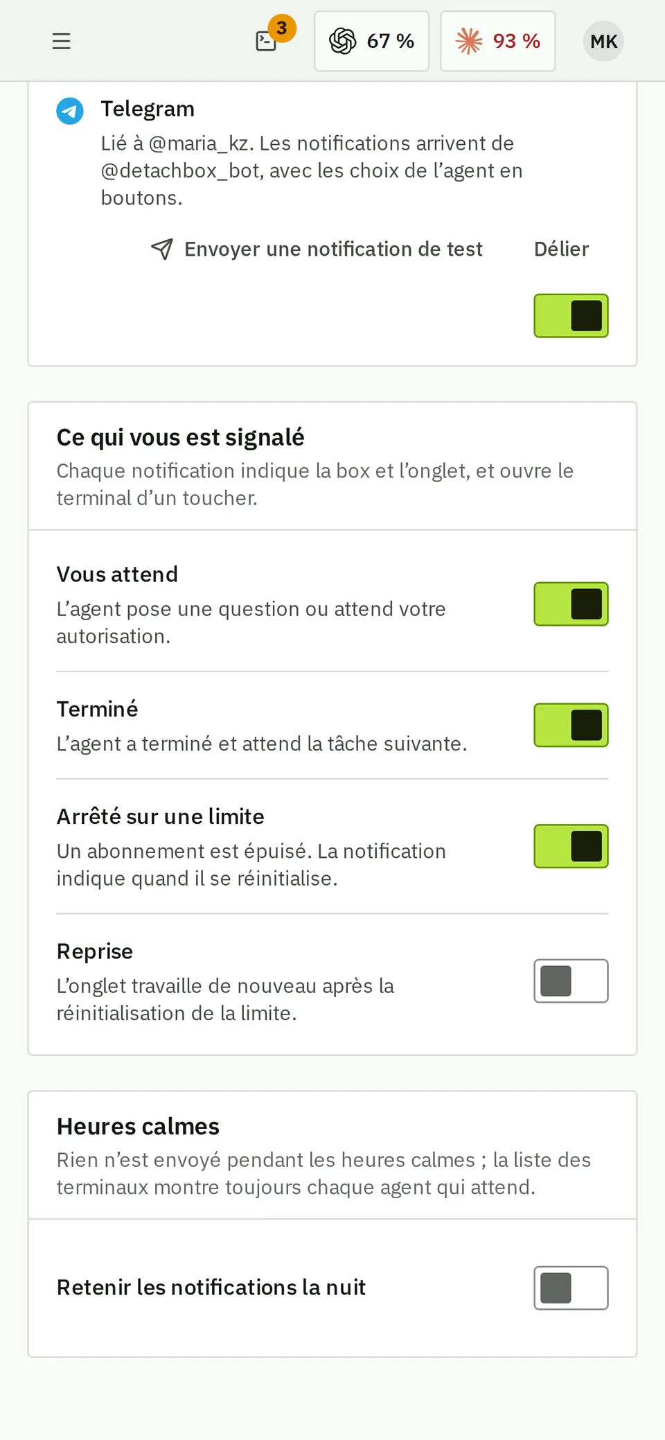 Notifications sur un téléphone : alertes par push navigateur, Telegram et e-mail quand un agent vous attend, termine ou s’arrête sur une limite.