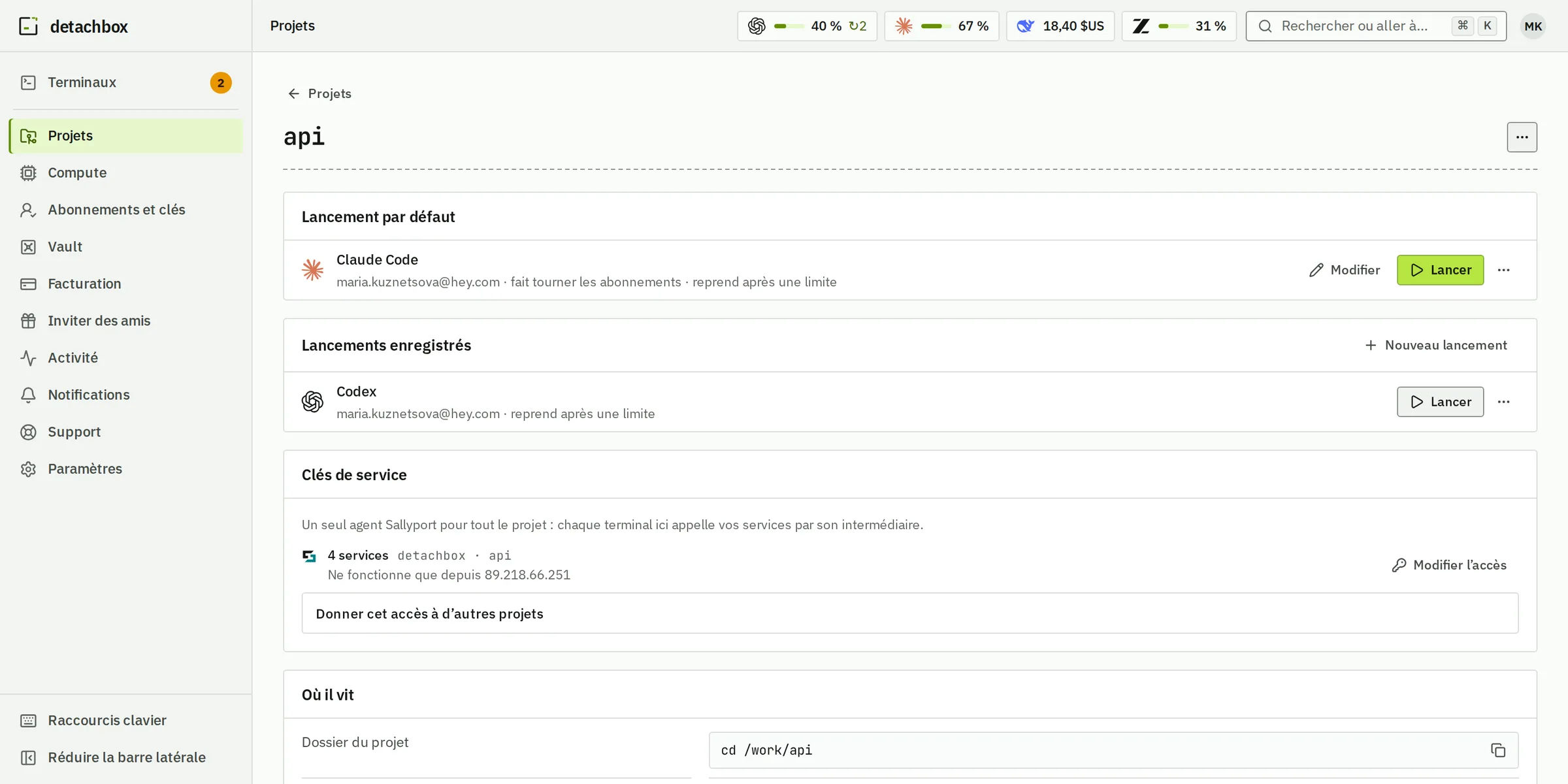 Le projet api : Claude Code avec rotation comme lancement par défaut, à un clic, et Codex review sur son propre compte parmi les lancements enregistrés.