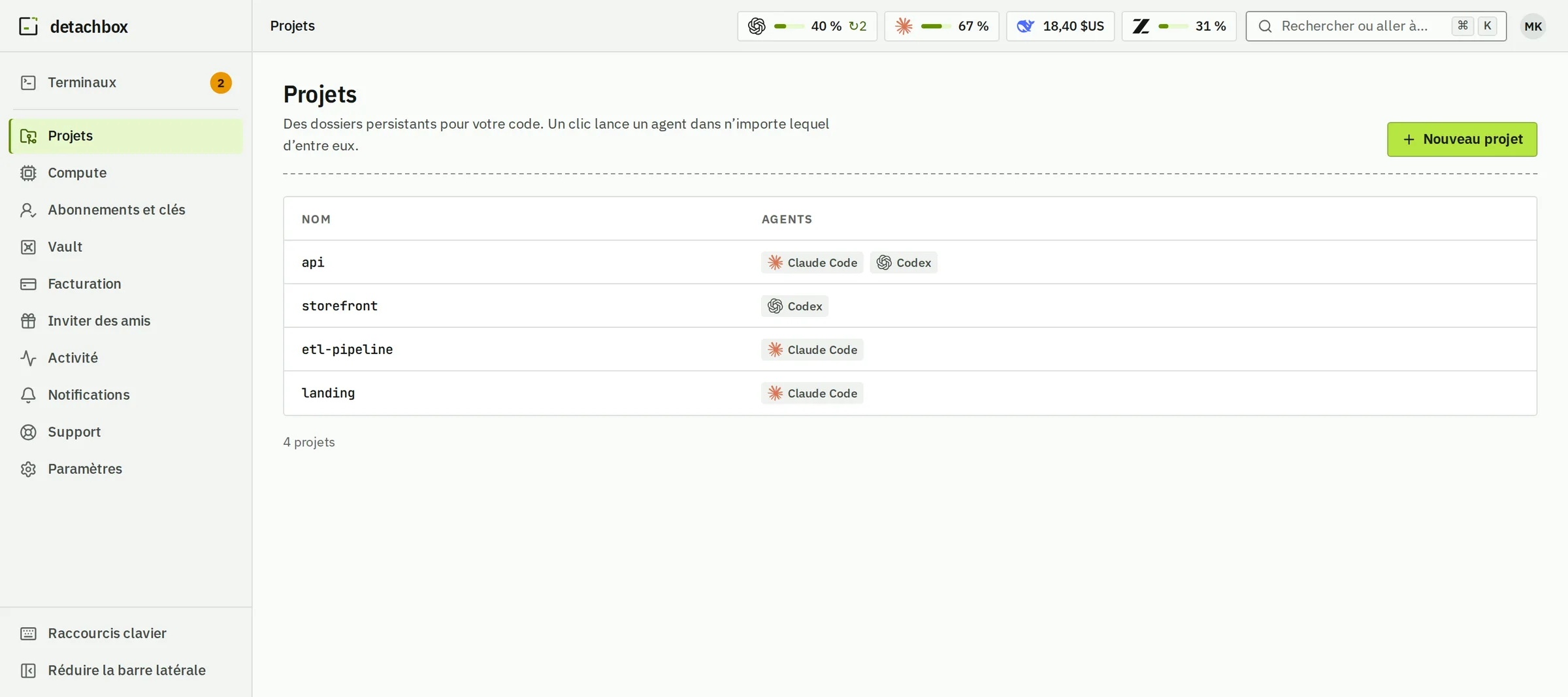 Projets sur shipyard : api, storefront, etl-pipeline et landing, chacun avec les agents qui tournent dessus.