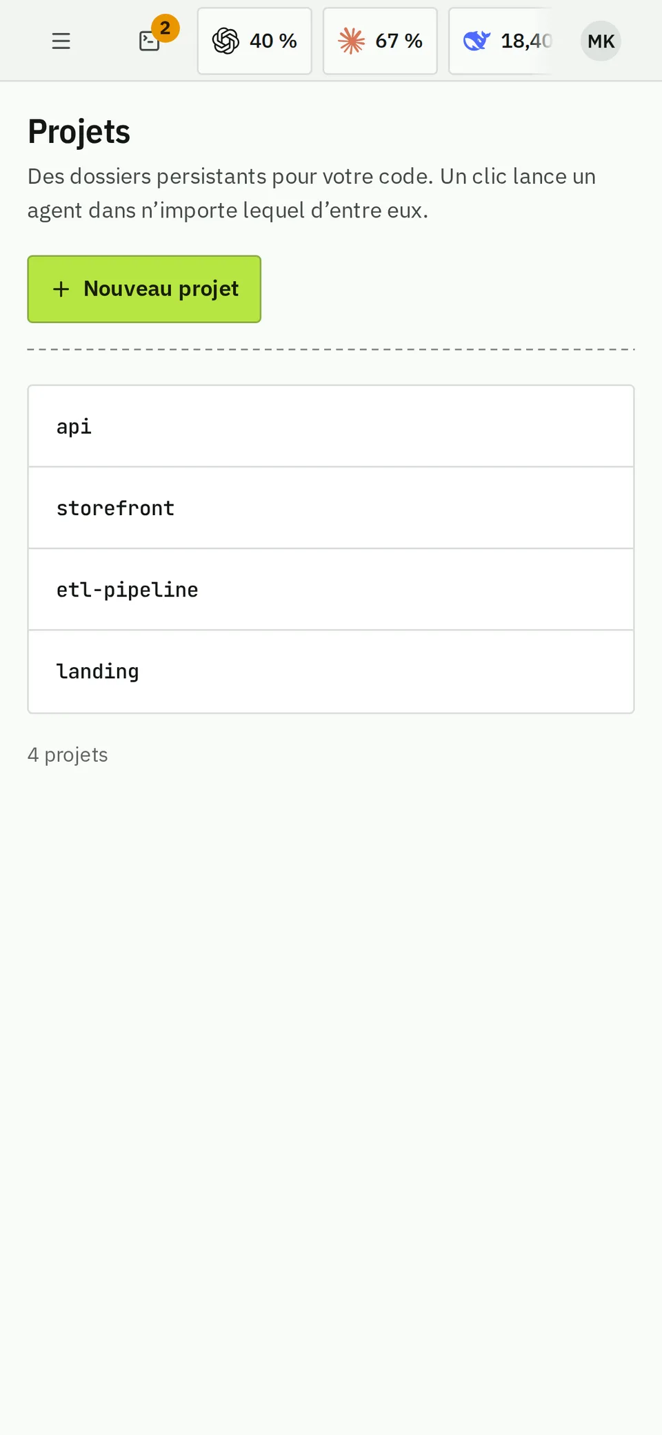 Projets sur un téléphone : chaque projet avec ses agents.