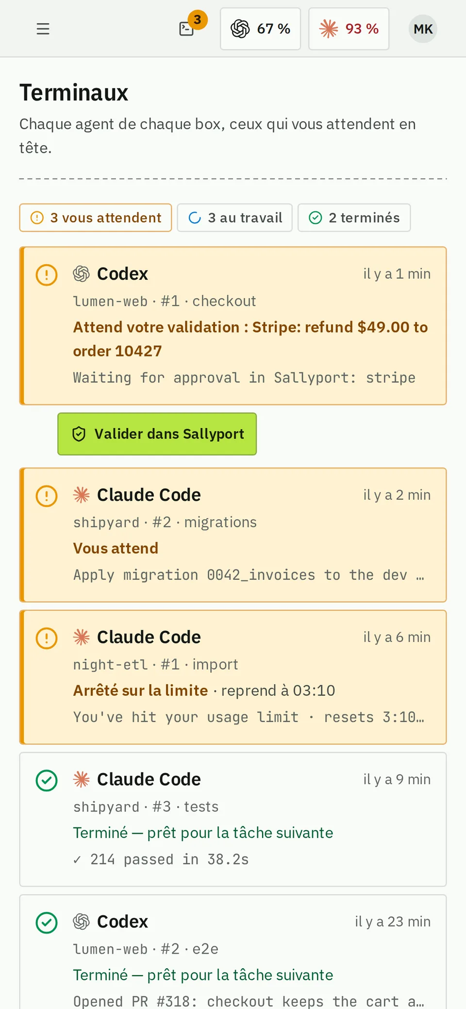 Terminaux sur un téléphone : l’agent qui vous attend en premier, puis ceux arrêtés, terminés et au travail.