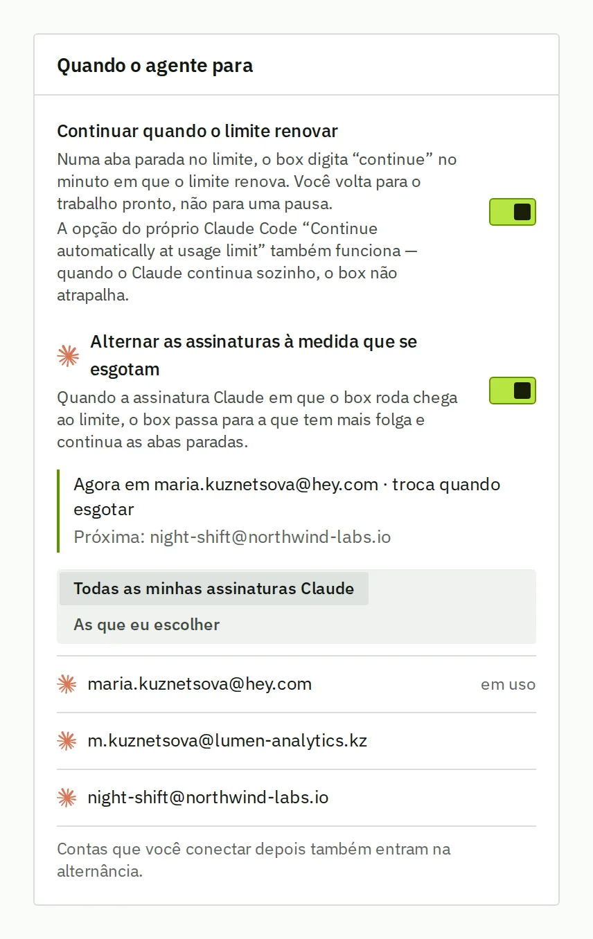 Quando o agente para: continuar quando o limite renovar e alternar as assinaturas à medida que se esgotam, as duas ligadas, com a conta para a qual o box passa em seguida.