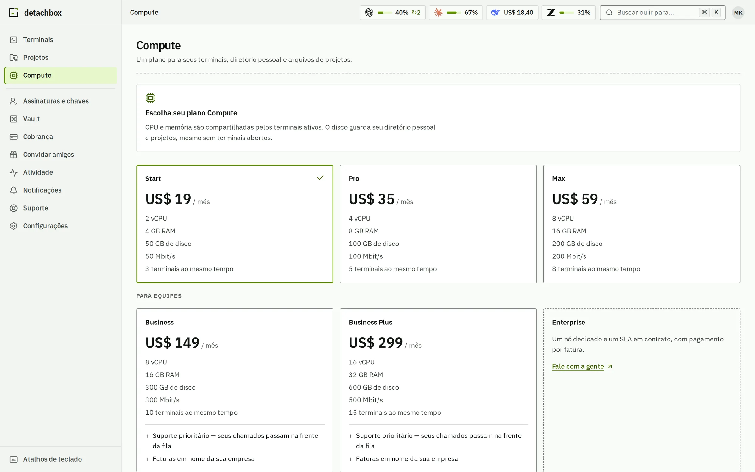 Escolha seu plano de Compute: Start, Pro e Max com CPU, memória, disco e terminais ao mesmo tempo, depois Business e Business Plus com suporte prioritário e faturas para a empresa, e Enterprise.
