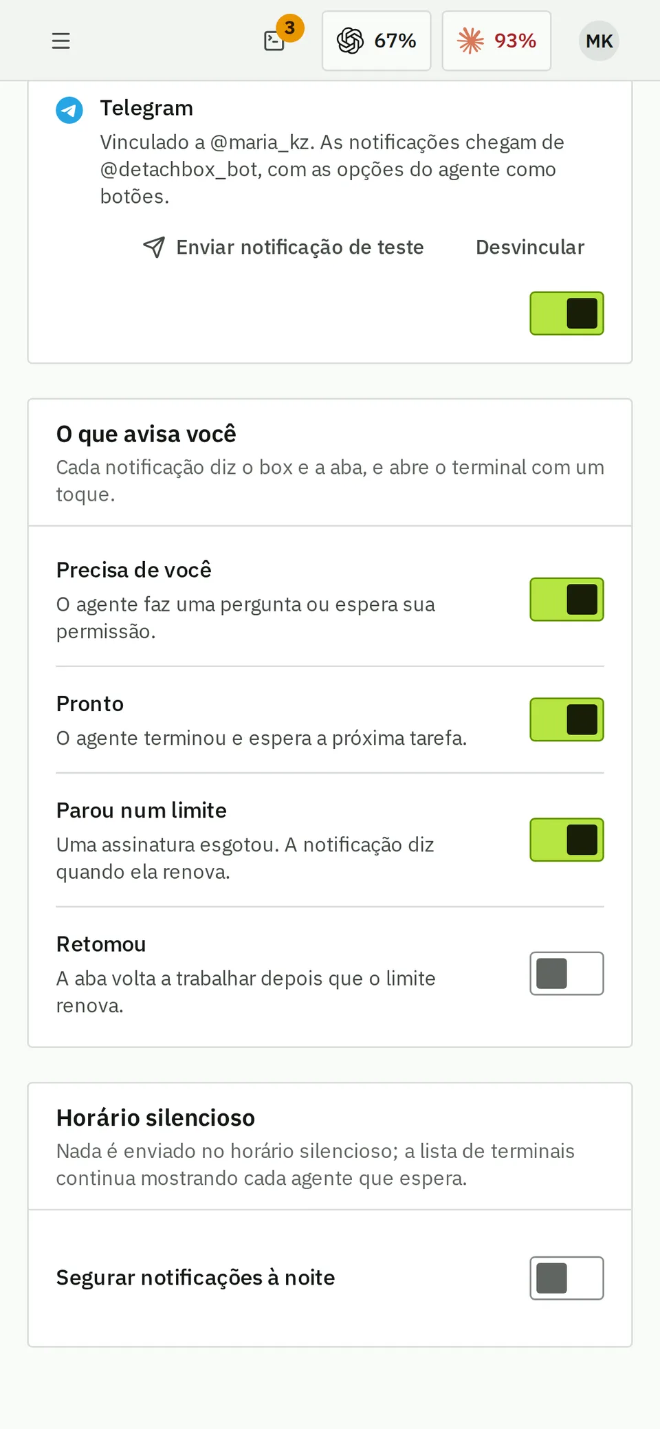Notificações no celular: avisos por push do navegador, Telegram e e-mail quando um agente precisa de você, termina ou para num limite.