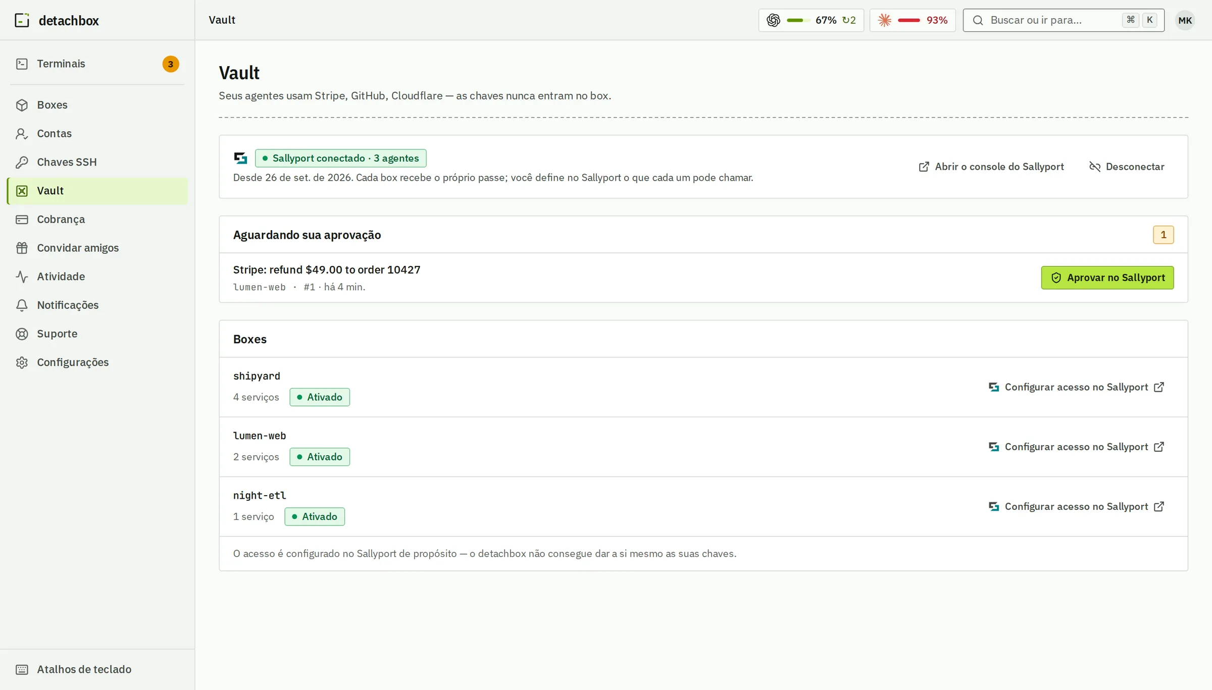 Vault, conectado ao Sallyport Cloud: cada box tem um agente próprio, com acesso aos próprios serviços, e as chaves nunca entram no box.